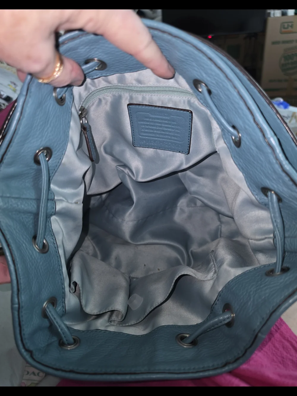 Coach Avery Pebbled Leather Bucket Bag in Teal Blue
